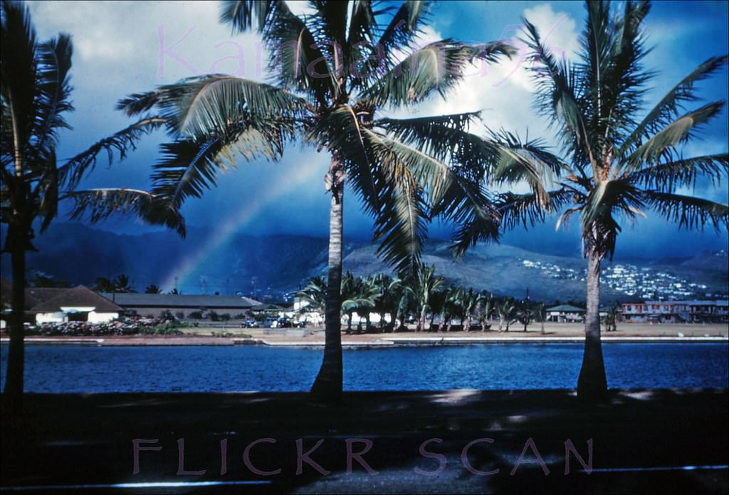 #56 Looking mauka towards Manoa Valley from the Ala Wai Canal which separates Waikiki from the rest of Honolulu, 1947