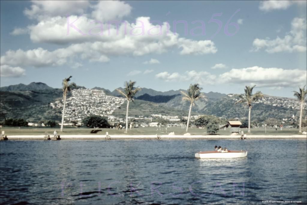 #9 Looking inland towards Honolulu from the Waikiki side of the Ala Wai Canal, 1950s