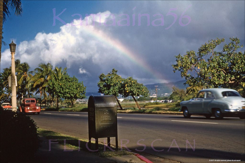 #248 Another snap of Waikiki’s Ala Wai Blvd. back when it was a two-way street, 1956