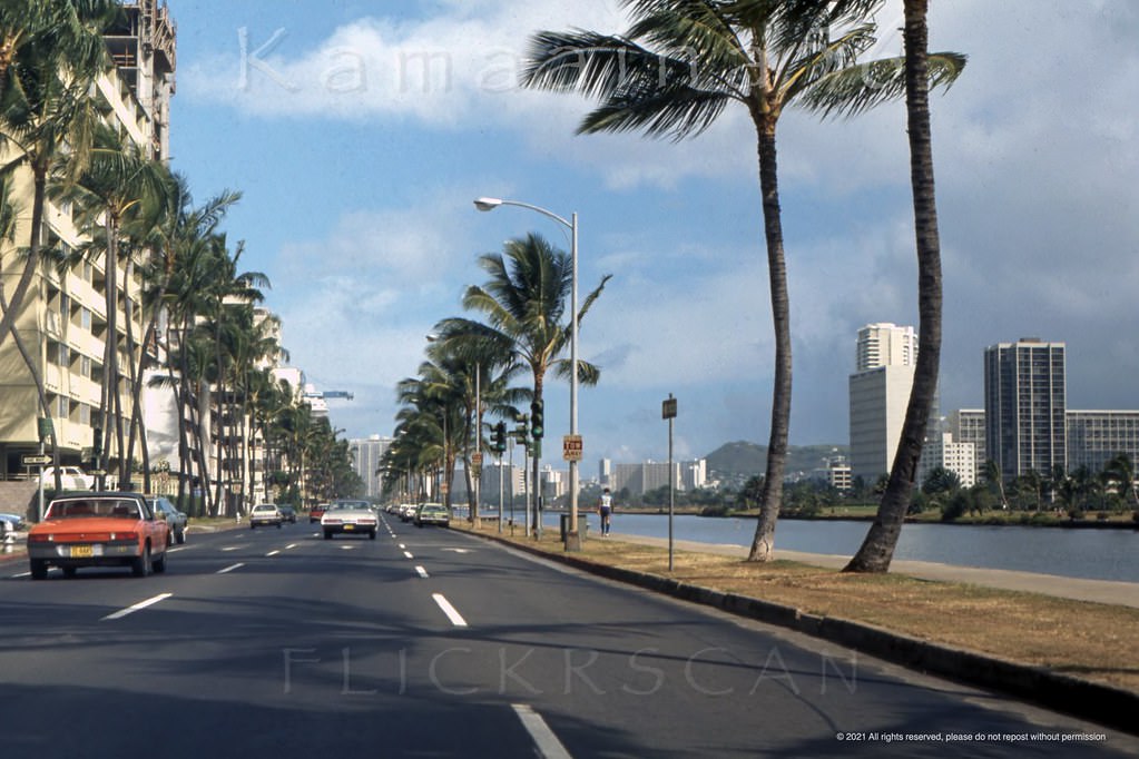 #4 Waikiki’s Ala Wai Blvd between Kanekapolei and Wailana looking more or less west, 1974.
