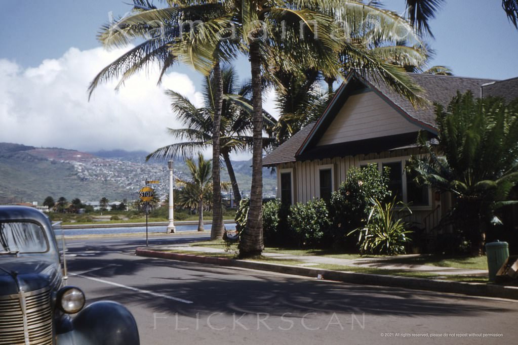 #250 The street sign above the stop sign unfortunately can’t be read but this appears to be the corner of Ala Wai Blvd and Lewers Street, 1952
