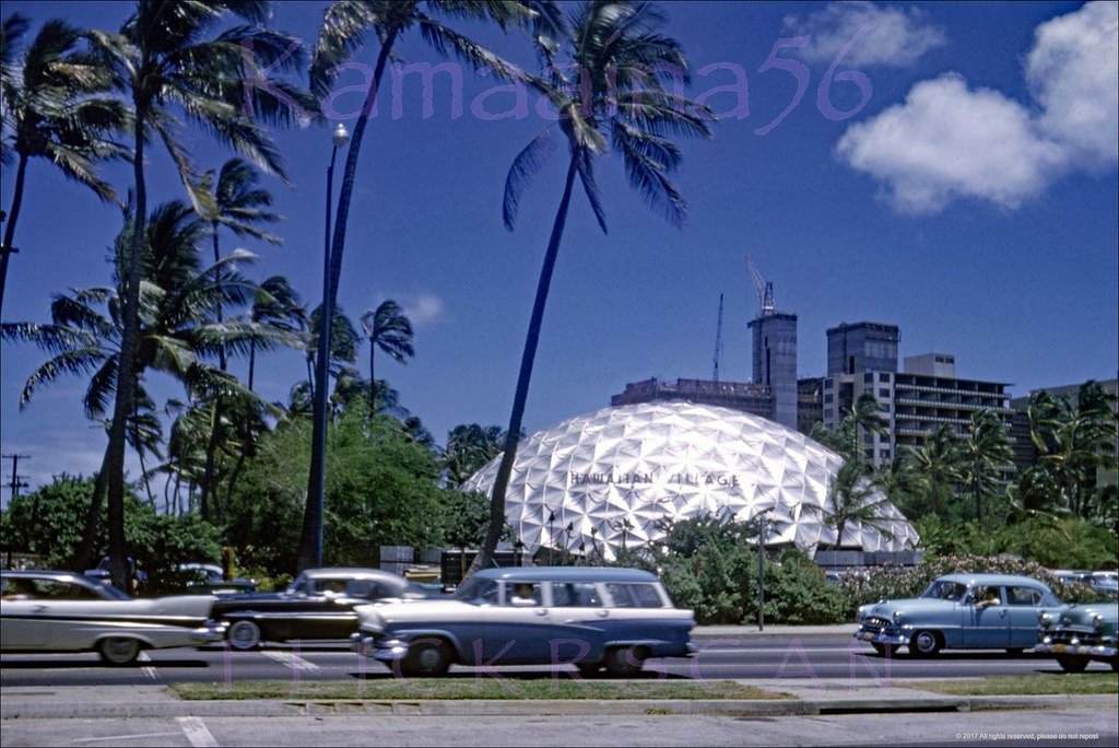 #150 Looking across Ala Moana Blvd. from the Kalia/Ena Road intersection towards the pre-Hilton Hawaiian Village Hotel, 1960