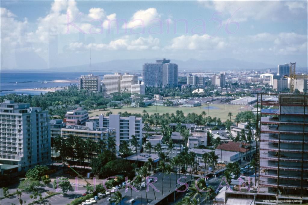#8 Kalakaua Avenue from the Top of Waikiki restaurant at the Waikiki Business Centre, 1966