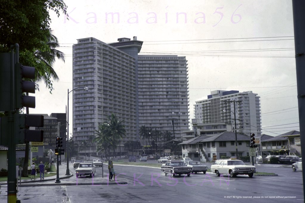 #151 Makai view along the Waikiki stretch of Ala Moana Blvd. from the Kalia Road intersection looking towards the Ilikai Hotel and Yacht Harbor Tower, 1967