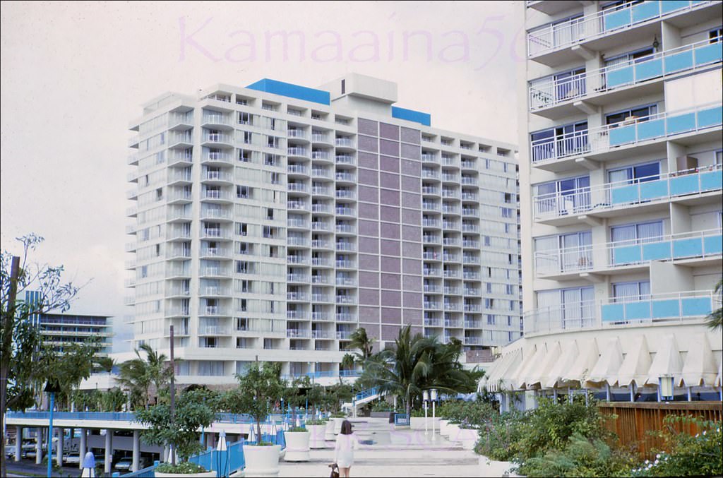 #153 The 17 floor Ilikai Hotel Yacht Harbor Tower, built 1966 next to the 1964 Ilikai Hotel (right) fronting Ala Wai Harbor, 1967
