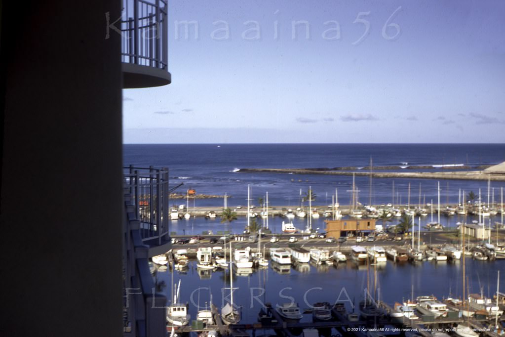 #159 Morning light at the Ala Wai Yacht Harbor seen from the Ewa (west) side of the 17 floor Ilikai Yacht Harbor Tower, 1967