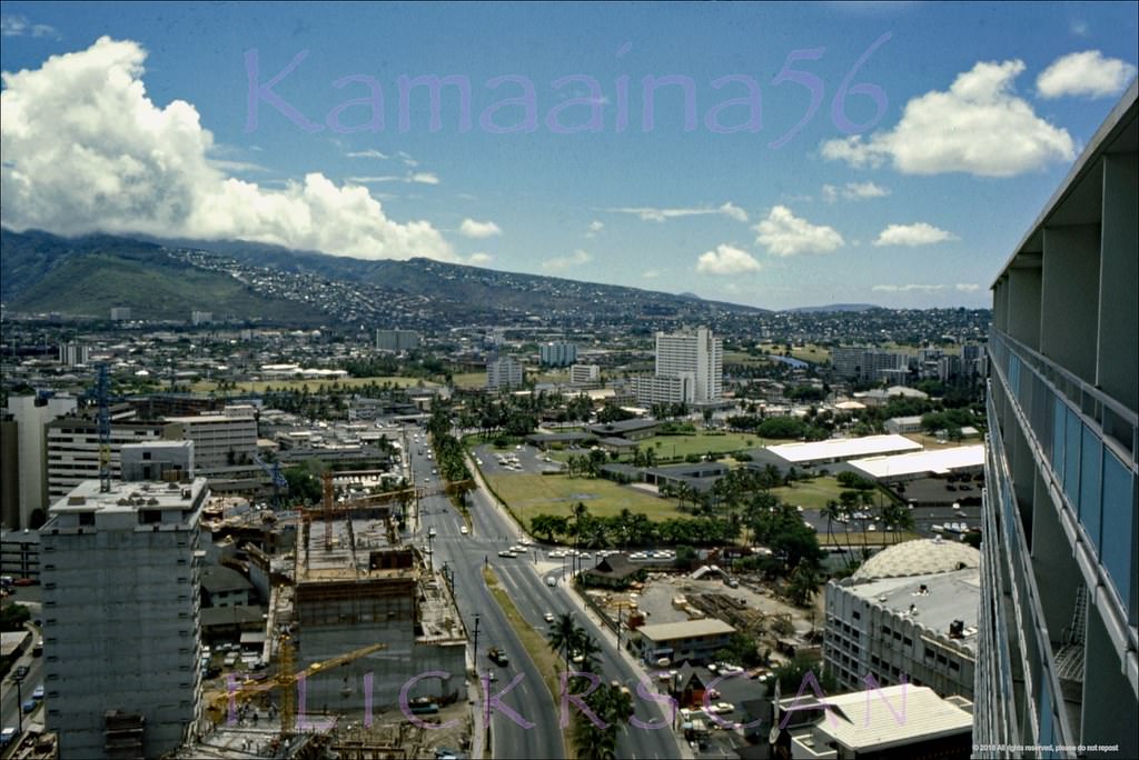 #161 Mauka view (inland) along Wakiki’s Ala Moana Blvd. from the top floor of the Ilikai Hotel, 1969