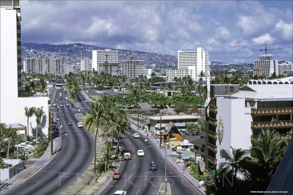 #10 Sharp aerial view from a blacony on the sixth floor at the Ilikai Hotel looking mauka (inland) along Waikiki’s stretch of Ala Moana Blvd., 1970