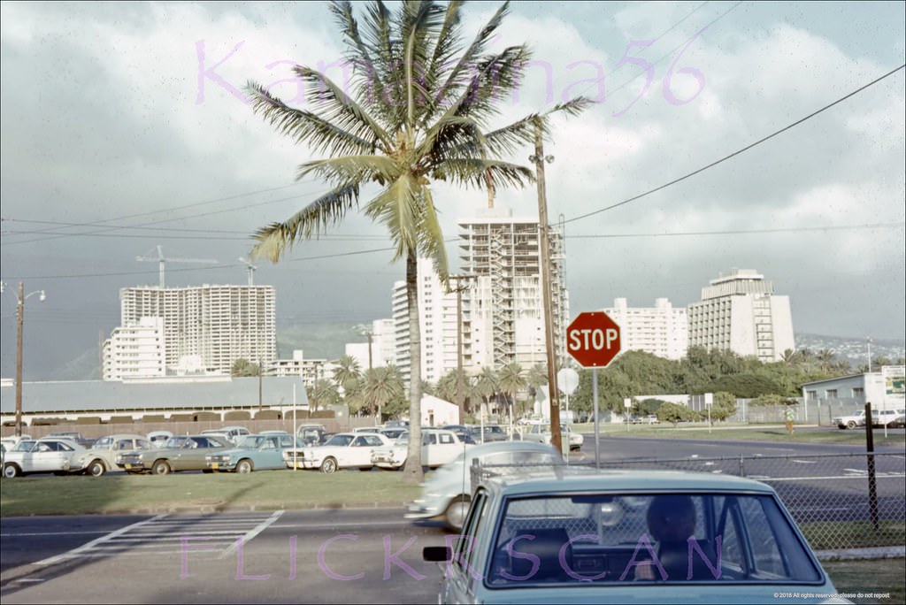 #19 Looking mauka (inland) from Fort DeRussy at the new construction rapidly changing the Honolulu skyline, 1970s