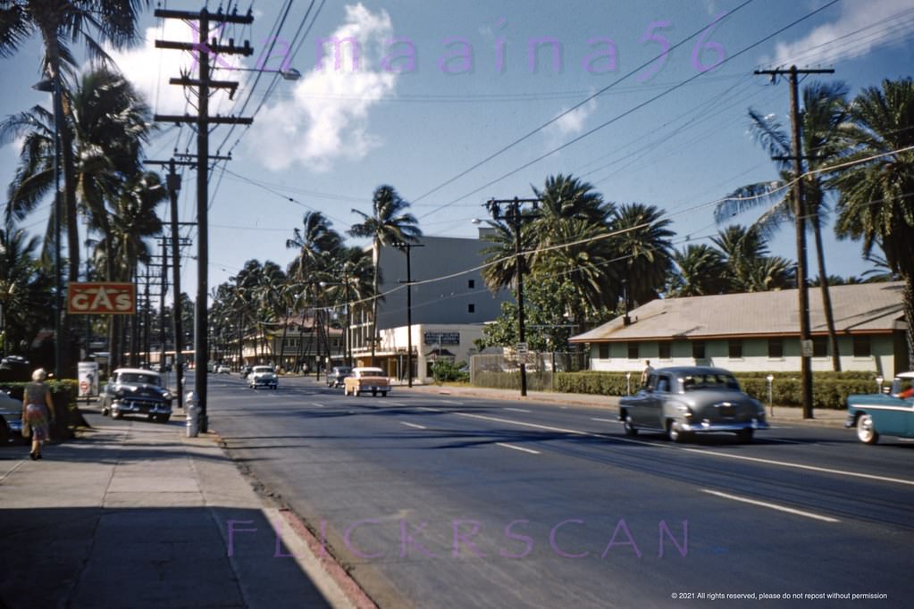 #255 Looking Diamond Head (east) along Waikiki’s Kalakaua Avenue from between Olohana Avenue and Kalaiomuku Street, 1950s