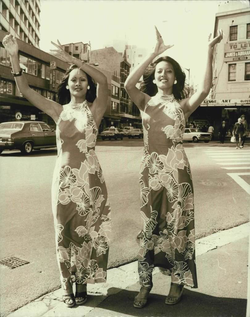 #26 Hawaiian dancers Carmella Barut and Marlene Kalahiki give an impromtu hula dance outside the Hyatt Kingsgate Hotel Kings, 1976