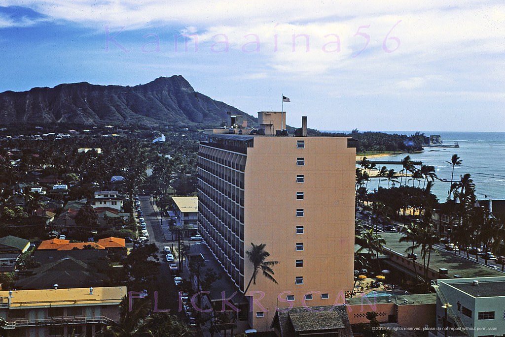 #13 Diamond Head view of the Waikiki Biltmore Hotel seen from the Princess Kaiulani Hotel, 1950s