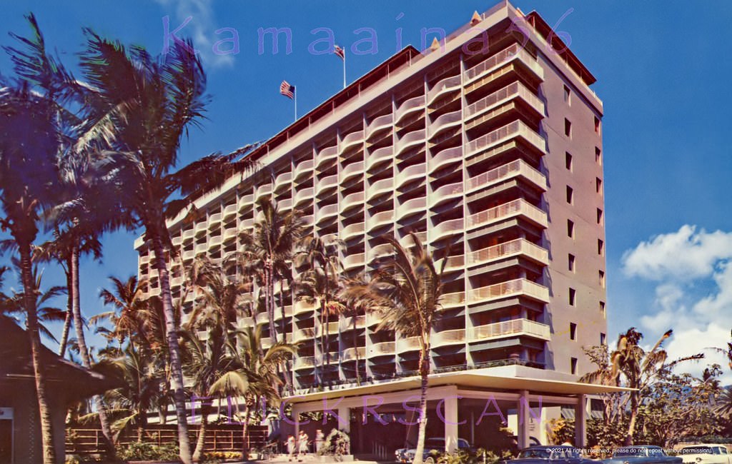 #42 View from Waikiki’s Kaiulani Avenue of the 12 floor Princess Kaiulani Hotel around the time it opened, 1955.