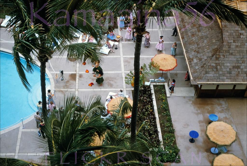 #46 Looking down at the pool area of the Princess Kaiulani Hotel from an upper floor, 1955