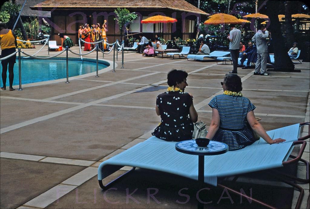 #47 Hawaiian entertainment about to begin at the Princess Kaiulani pool court, 1955