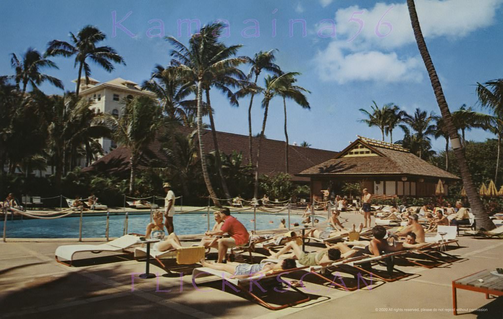 #49 The pool at the Princess Kaiulani Hotel, with a glimpse of the Moana Hotel across Kalakaua Avenue, 1950s