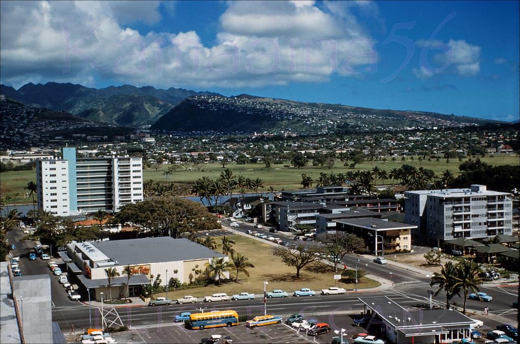 #29 Mauka view of Kuhio Avenue and vicinity from an upper floor at the Princess Kaiulani Hotel, 1962