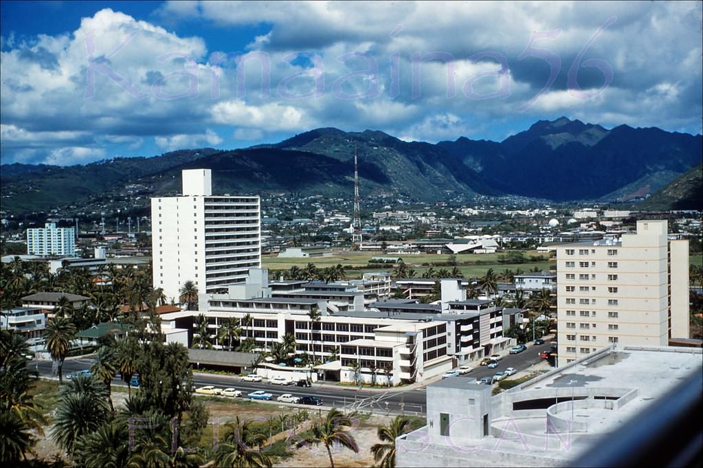 #30 Inland view of Kuhio Avenue and beyond from an upper floor at the Diamond Head Wing of the Princess Kaiulani Hotel, 1962