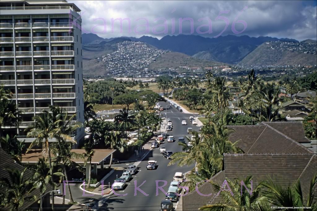 #50 Looking inland along Waikiki’s Kaiulani Avenue from an upper floor at the 8-story Surfrider Hotel on Kalakaua Avenue, 1958