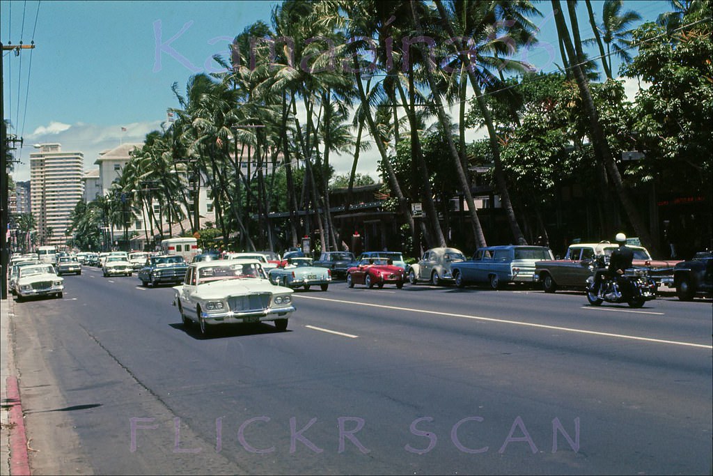 #31 Looking east along Kalakaua Avenue from around where the Waikiki Theater, 1963