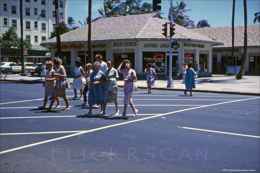 #35 Street level shot taken from the crosswalk at the International Market Place looking makai across Kalakaua Avenue, 1962