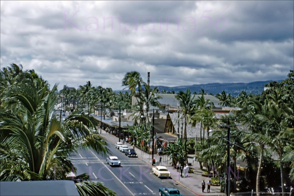 #56 Slightly shaky but still interesting aerial view looking more or less west along Waikiki’s Kalakaua Avenue, 1959