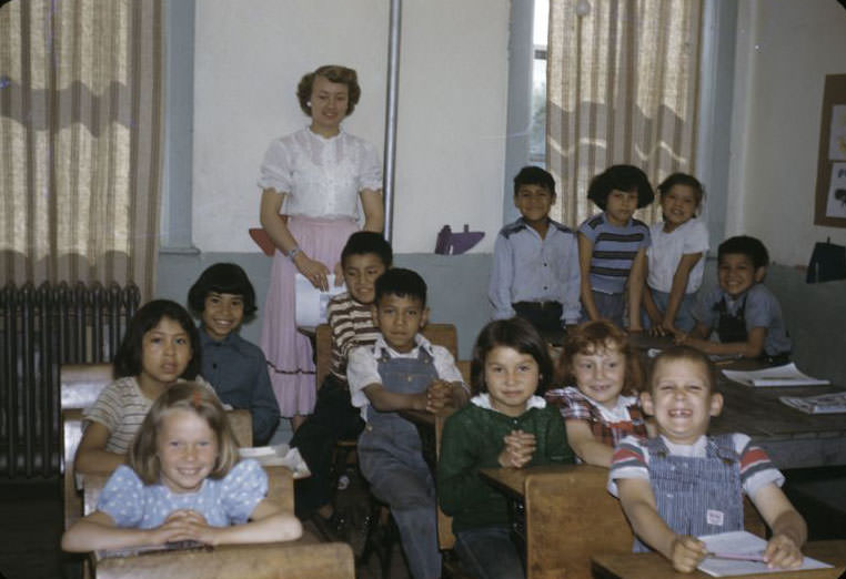 #5 2nd graders in classroom with teacher Norma Garness, Bethany Indian Mission, Wittenberg, Wisconsin, 1953