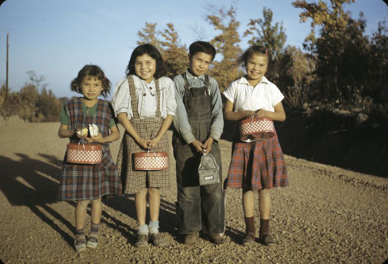 #15 Children with lunch pails, Bethany Indian Mission, Wittenberg, Wisconsin, 1953