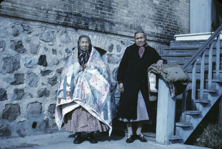 #6 Alice Bigthunder and Annie Henzley with quilts, Bethany Indian Mission, Wittenberg, Wisconsin, 1953