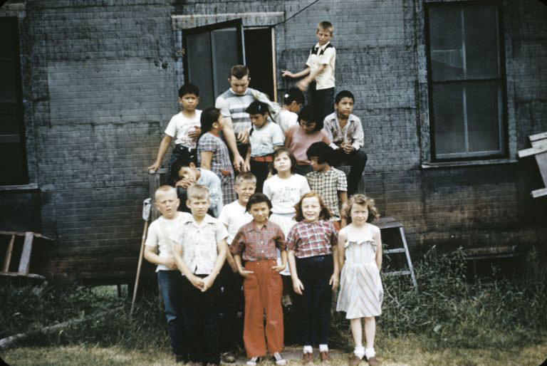 #27 Fourth graders with Gordon Trelstad teacher, Bethany Indian Mission, Wittenberg, Wisconsin, 1953