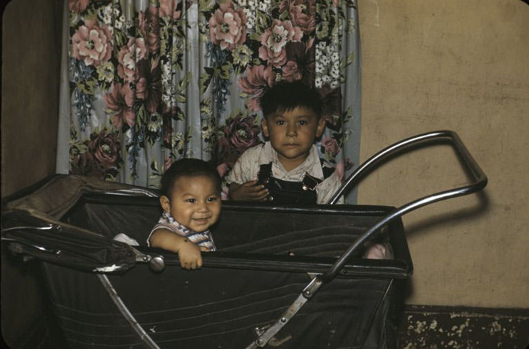 #33 Kids with baby carriage, Bethany Indian Mission, Wittenberg, Wisconsin, 1953