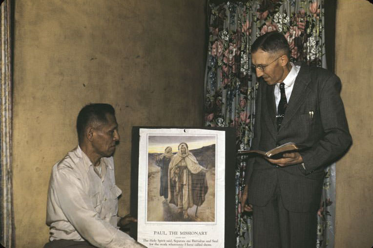 #34 Man and Rev Ernest GW Sihler with Paul the Missionary poster, Bethany Indian Mission, Wittenberg, Wisconsin, 1953
