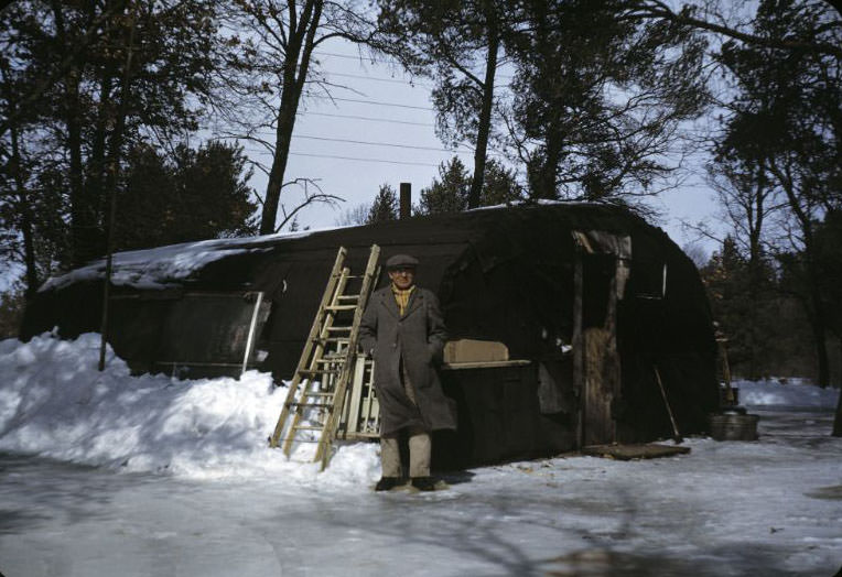 #35 Man by dugout house, Bethany Indian Mission, Wittenberg, Wisconsin, 1953