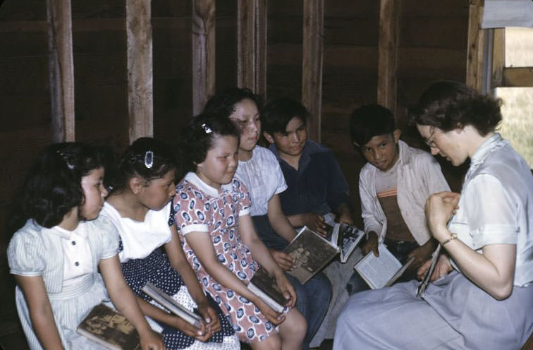 #41 Parish worker with Indian children, Bethany Indian Mission, Wittenberg, Wisconsin, 1953