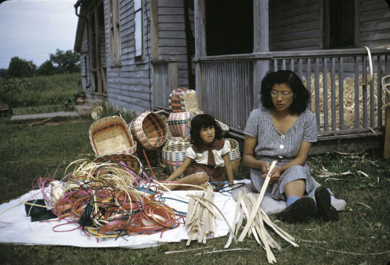 #46 Weaving baskets, Bethany Indian Mission, Wittenberg, Wisconsin, 1953