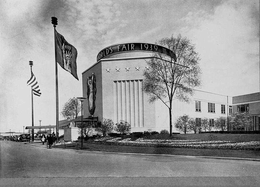 #112 A road winds past one of the main buildings at the 1939 World’s Fair in New York City.