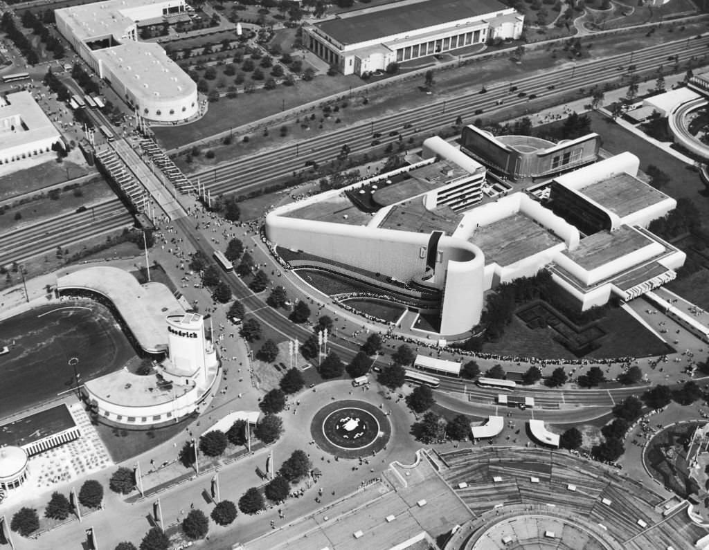 #126 An aerial view of the Goodrich (left) and General Motors (right) pavillions at the 1939 New York World’s Fair, Flushing Meadows, New York.
