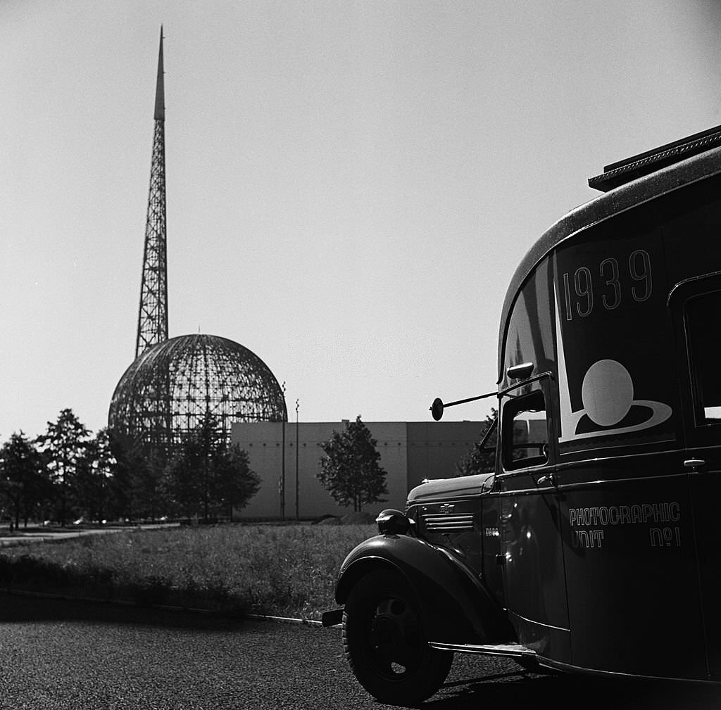 #137 The Trylon and Perisphere under construction in the summer of 1938 at the site of the 1939 New York World’s Fair in Flushing Meadows, Queens in New York City.