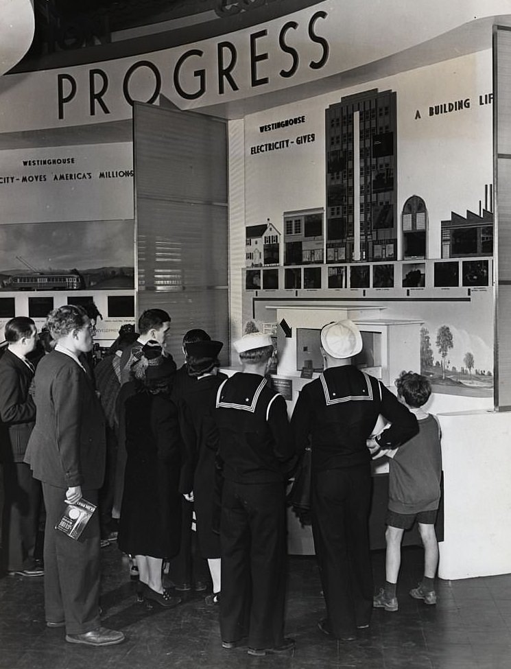 #145 Electrical appliances in the home of tomorrow-power that runs elevators , provides light, heats, ventilates and dusts buildings, are displayed in Westinghouse’s Hall of power.