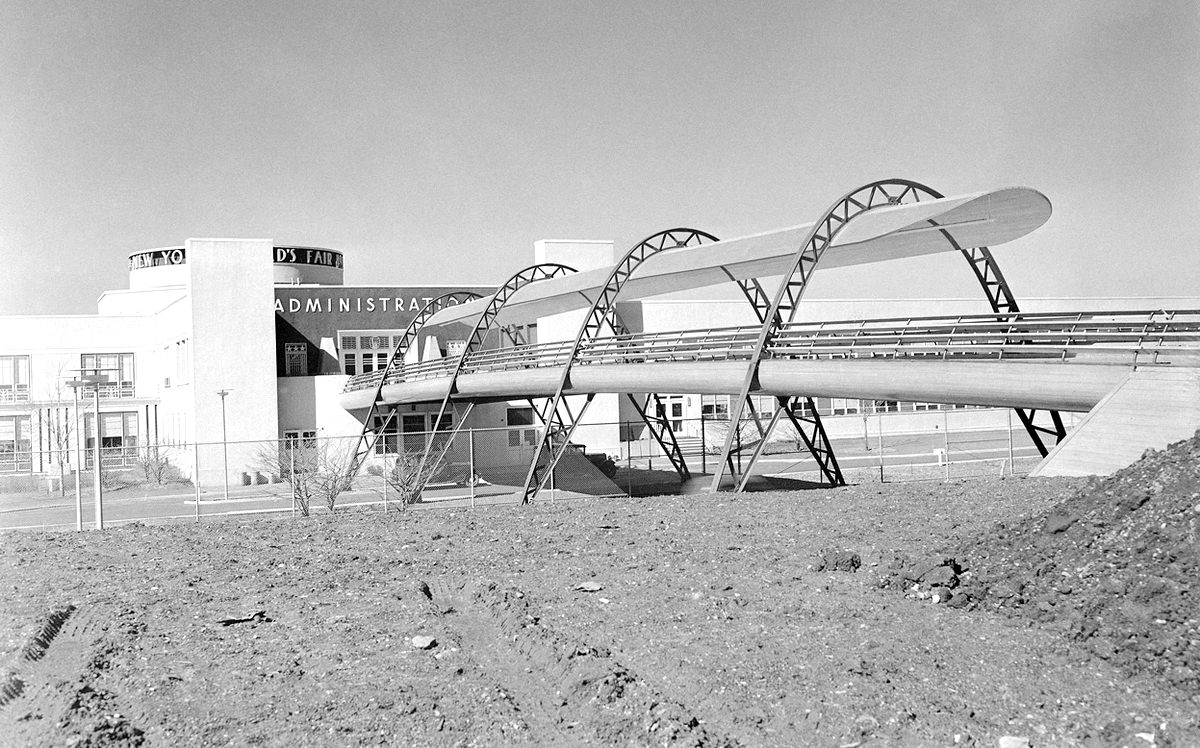 #8 During construction, a bridge leads from the administration building to the exhibit area of the New York World’s Fair, on February 21, 1938.