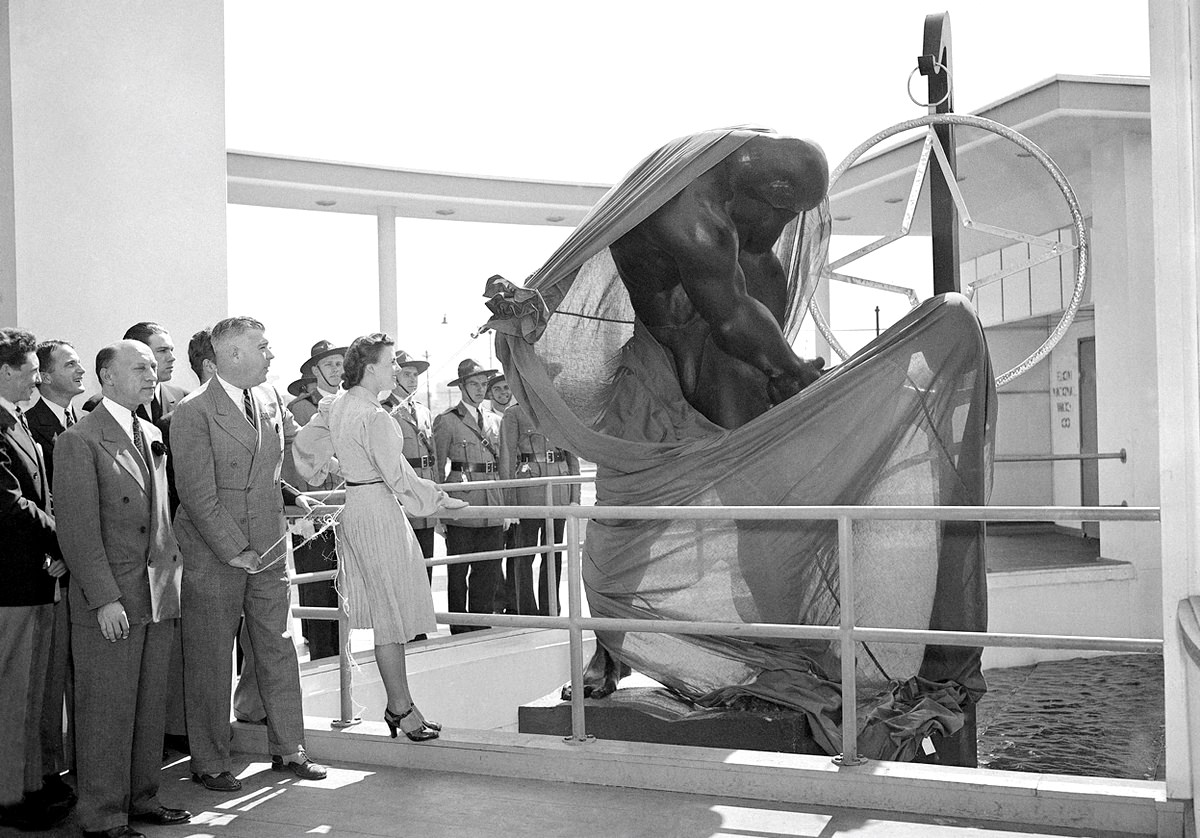 #9 Arlene Warner, “queen of beauty” of Elgin, Illinois, presides at the opening ceremonies of the Elgin Time Observatory at the New York World’s Fair on May 10, 1938.