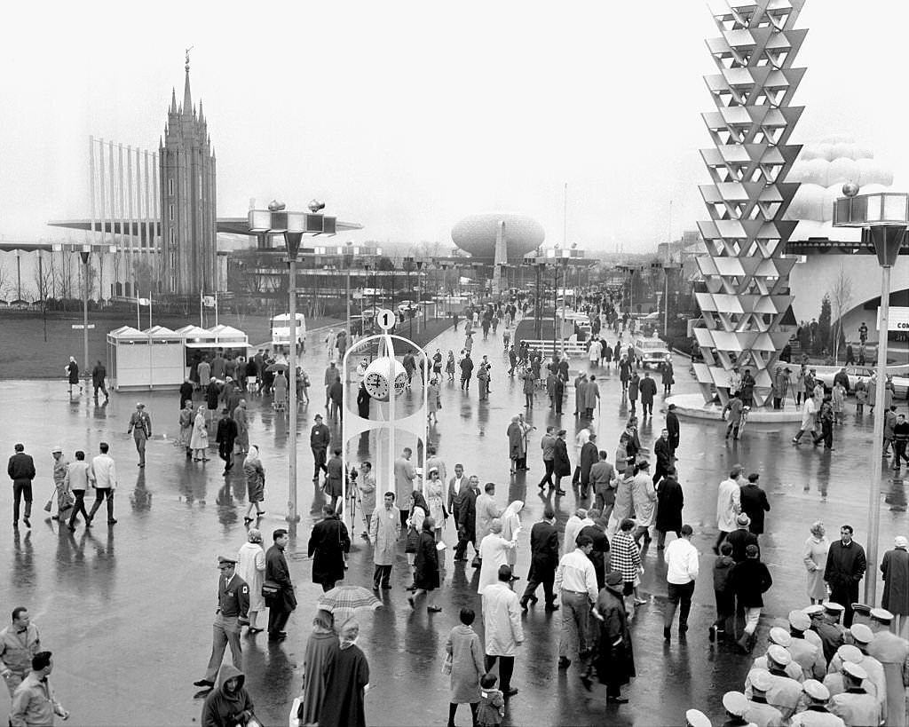 #86 Crowds make their way to various pavilions on opening day of the 1964-65 New York World’s Fair, which was built on the site of the 1939 World’s Fair at Flushing Meadow in Queens.