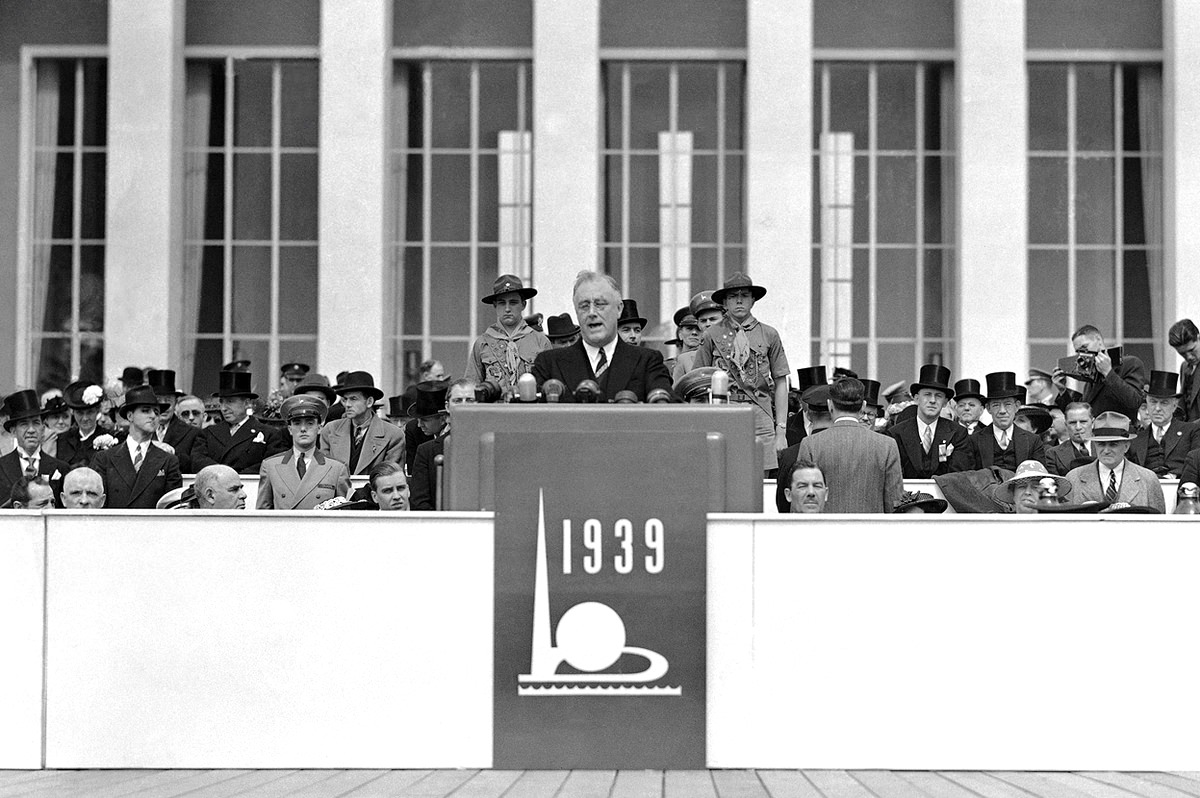#12 Flanked by Boy Scouts, President Franklin D. Roosevelt opened New York’s $160,000,000 World’s Fair with an address in which he said America has “hitched her wagon to a star of good will”, on April 30, 1939.