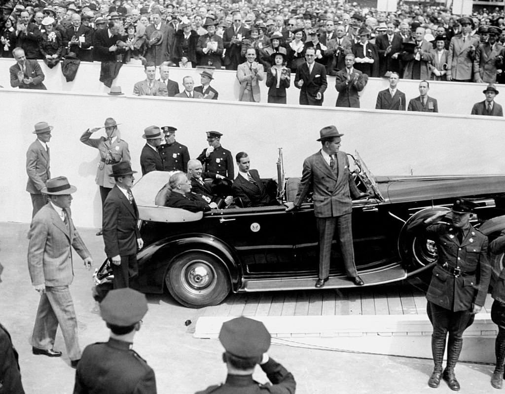 #97 President Franklin D. Roosevelt arriving at the 1939 World’s Fair with his son John and the U.S. Commissioner to the Fair, Edward J. Flynn.