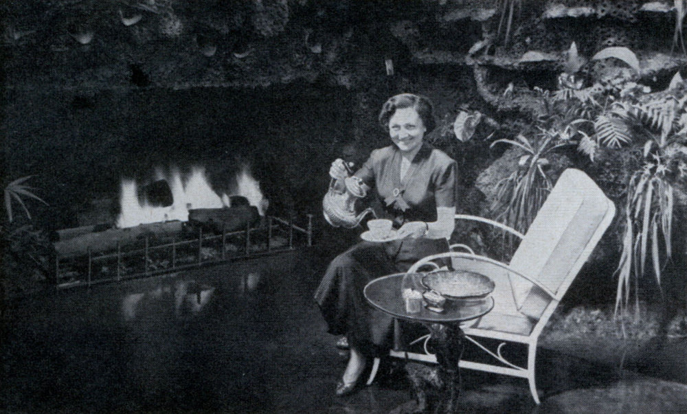 #1 Fireplace in front yard is built into side of hill. Lava appearance of hill comes from stippled Gunite.