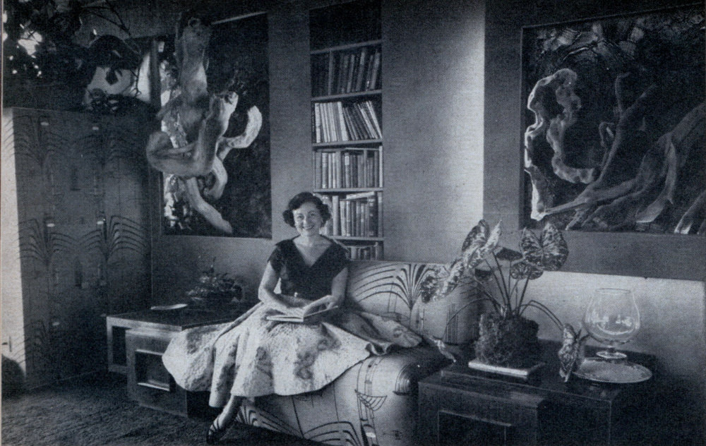 #6 Pieces of driftwood against backgrounds of swirled linoleum paste form striking decoration in master bedroom.