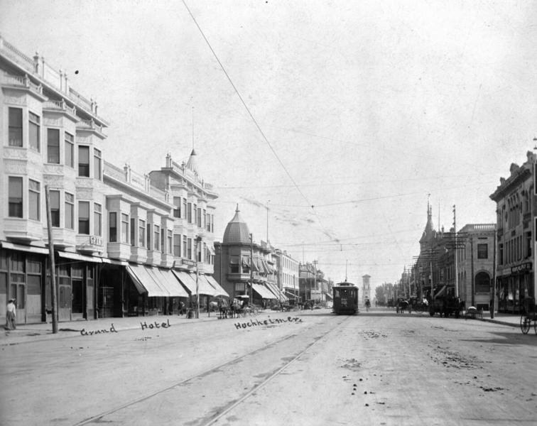 #11 View of Chester Avenue looking south in Bakersfield, showing the Grand Hotel, 1900