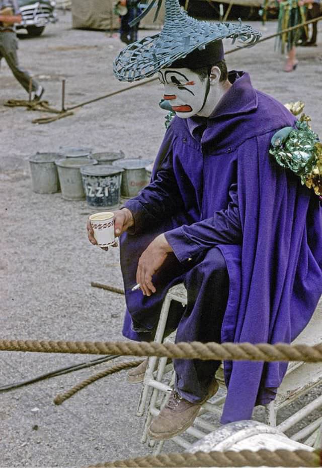 #9 A clown in aerial ballet webb sitter wardrobe.
