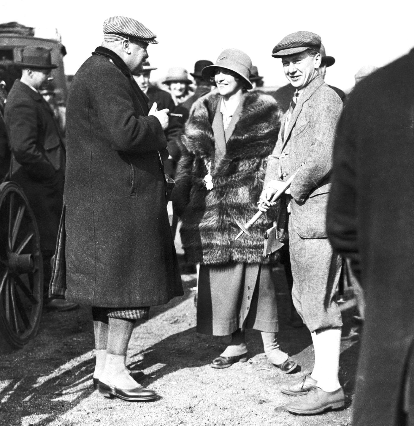 #50 Sir Robert Jardine (left), Mrs Charles Glover and Captain Hog on the first day of the Waterloo Cup hare coursing event at Altcar, near Liverpool, 13th March 1924.