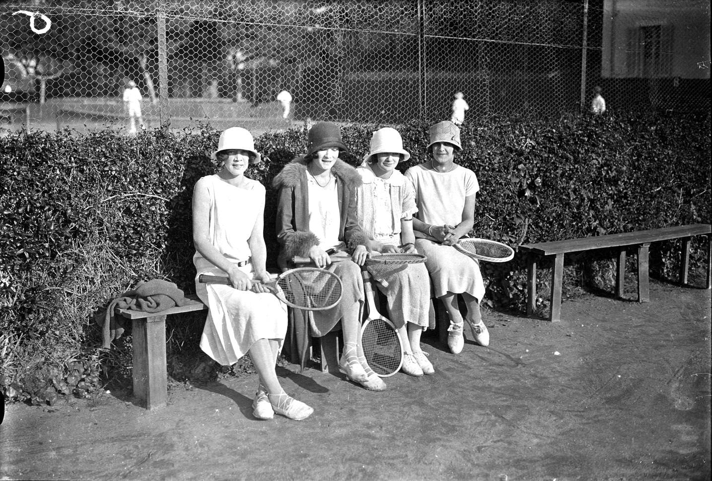 #5 Tennis players Ruth de Udy, Locha de Udy, Dorothy Power and Betty Kaye in Cannes, France., 1925